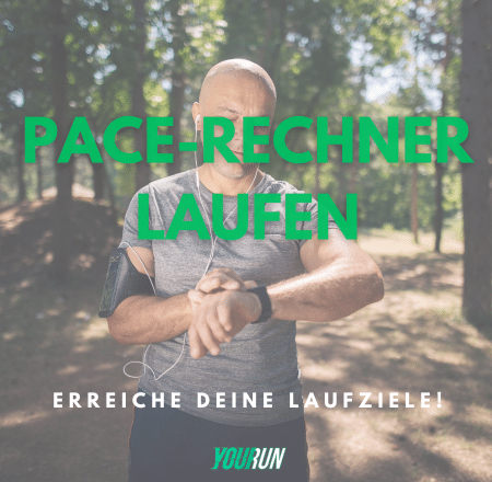 Pace Rechner für Läufer. Mann im Wald mit Sportuhr am laufen.