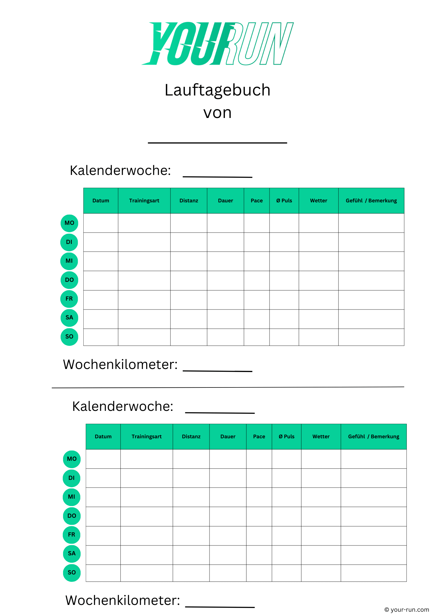 Lauftagebuch Vorlage als PDF zum Ausdrucken
